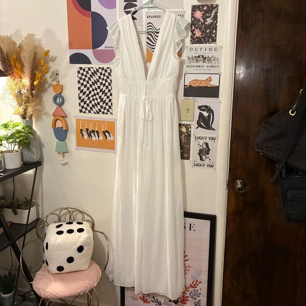 Lulu's White Deep V-Neck Flowing Wide-Leg Jumpsuit- wedding or special occasion